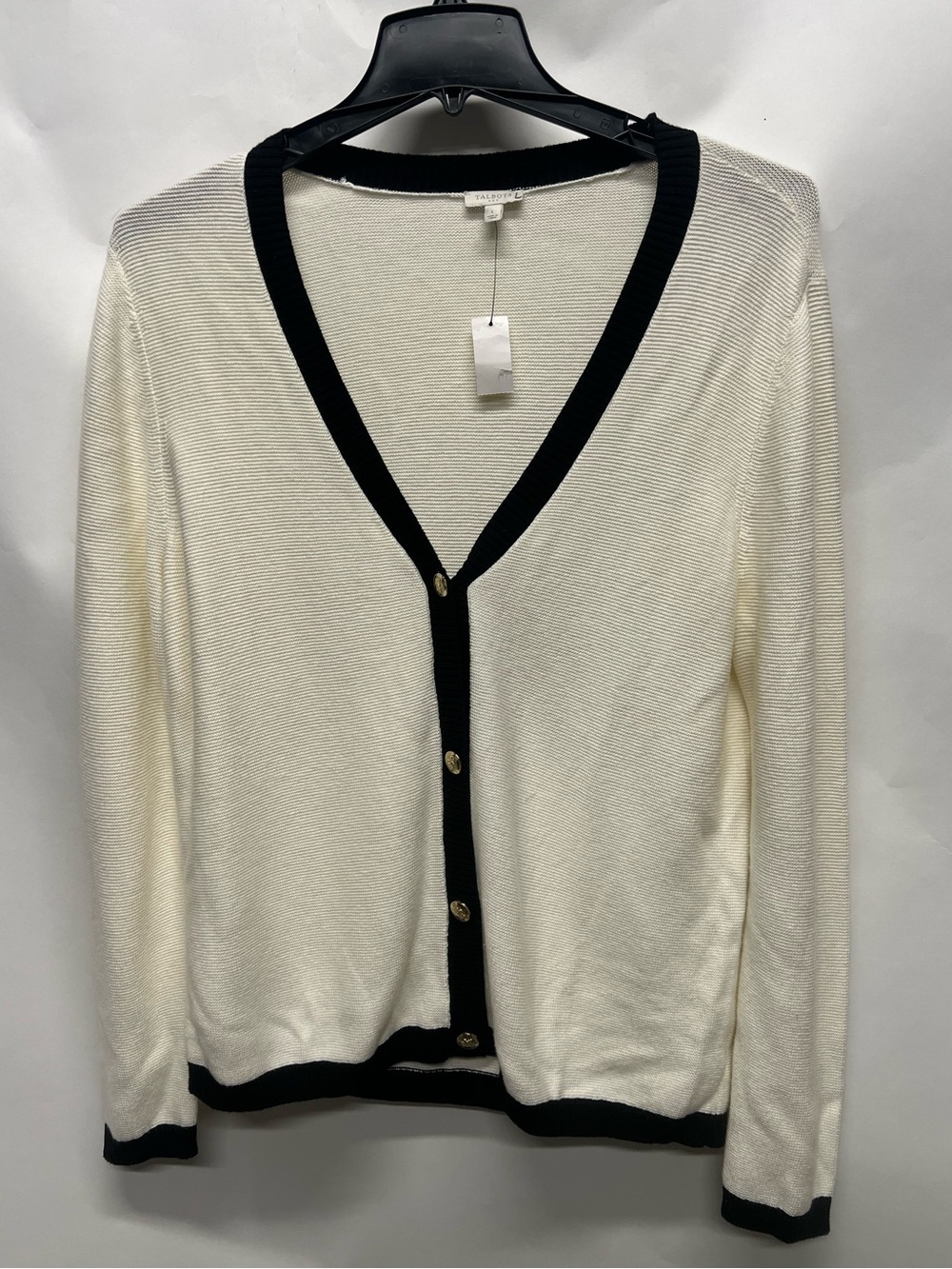 Talbots Size L Black White V Neck Button Front Cardigan Sweater New